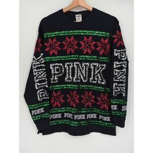 Victoria's Secret‎ Pink Black Long Sleeve Holiday Bling Shirt XS Sequins